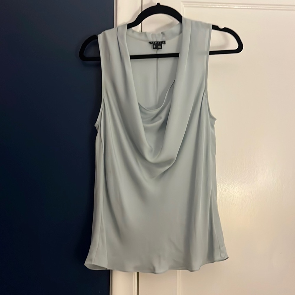 Theory Cowl Neck Tank Top Light Blue Silk Small